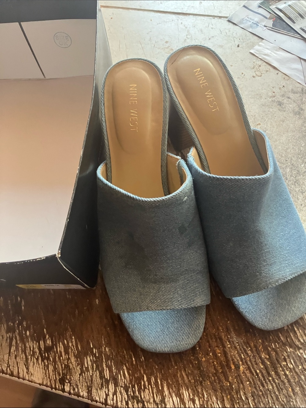 Nine West Denim Blue Open-Toe Block Heel Mules